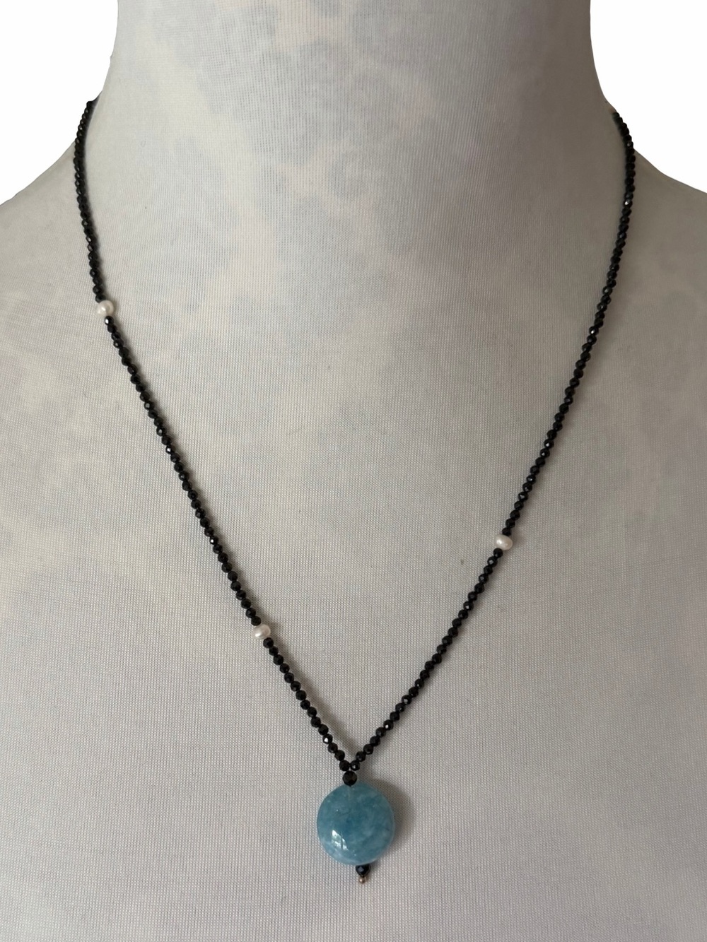 Faceted Black Spinel Beaded Necklace with Blue Gemstone Pendant & Pearl Accents